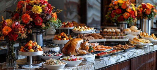 Fototapeta premium Elegant Thanksgiving Brunch Buffet with Gourmet Turkey, Side Dishes, and Desserts on Marble Countertop