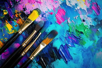 Fototapeta premium Bright splashes of paint and artistic brushstrokes fill the canvas, evoking inspiration and creativity in the art-making process. Generative AI