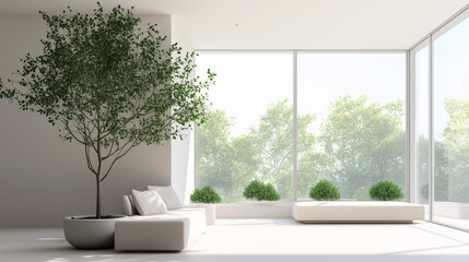 Fototapeta premium A bright, minimal living space with a large indoor tree next to floor-to-ceiling windows. Neutral furniture and open layout make the plant stand out