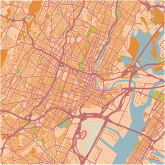 Map of Newark in New Jersey in a sandy theme. Contains layered vector with roads water, parks, etc.