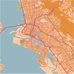 Map of Oakland in California in a sandy theme. Contains layered vector with roads water, parks, etc.