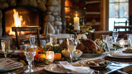 Fototapeta premium Elegant Thanksgiving Dinner in Canadian Ski Lodge with Festive Decor and Roaring Fireplace