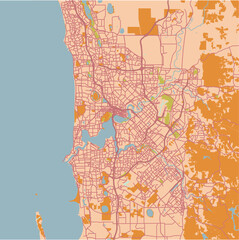 Map of Perth in Australia in a sandy theme. Contains layered vector with roads water, parks, etc.