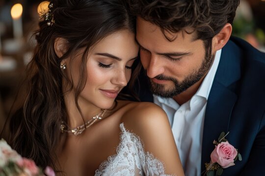 A close-up of a bride and groom sharing an intimate moment on their wedding day with beautiful floral and elegant attire, symbolizing love and commitment.