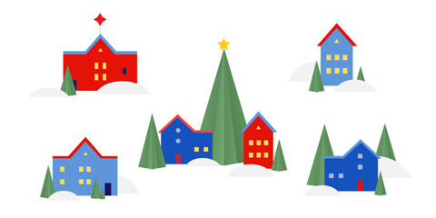 Colored houses, snow and fir trees on a white background. Winter houses set for the New Year and Christmas.	