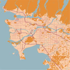 Fototapeta premium Map of Vancouver in Canada in a sandy theme. Contains layered vector with roads water, parks, etc.