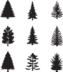 Obraz premium Black silhouettes of a pine tree, Evergreen trees, black and white cliparts
