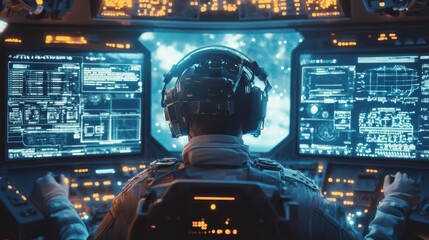 Futuristic Pilot in a Spacecraft Control Room