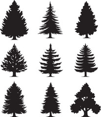 Obraz premium Black silhouettes of a pine tree, Evergreen trees, black and white cliparts