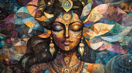 An abstract Lakshmi mural with fragmented, angular shapes forming her image, blending into the background with swirling patterns, symbolizing her divine energy and connection to the cosmos