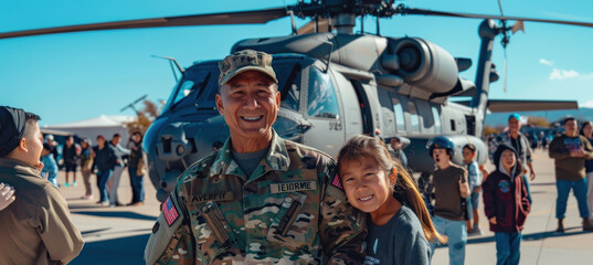 Veteran with Proud Family at Veterans Day Airshow in Front of Military Helicopter