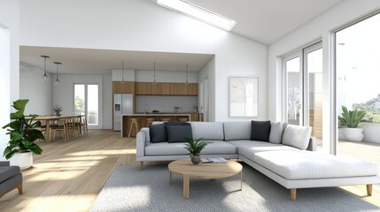 Fototapeta premium Modern, bright living room design with open layout and natural light.