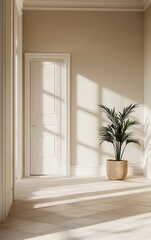 Modern interior with a potted plant and soft sunlight creating a serene atmosphere.