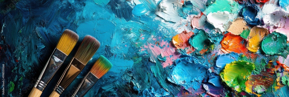 Aufkleber bright splashes of color on a palette accompany paintbrushes poised near abstract strokes on the can