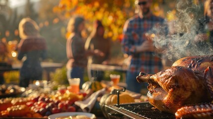 Thanksgiving Outdoor Celebration with Grilled Turkey, Autumn Leaves, and Friends Gathering