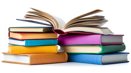 Naklejka premium Stack of colorful hardcover books, one open, isolated on white background.