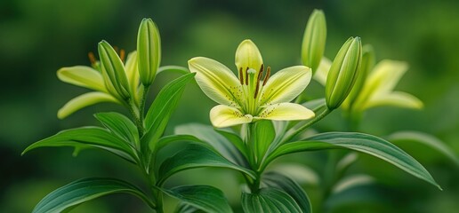 Obraz premium A delicate yellow lily blooms amidst lush green foliage, symbolizing purity and grace.