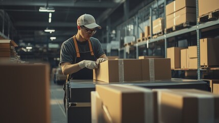 Warehouse worker sorting packages for shipping. Cardboard boxes delivery, online ecommerce store