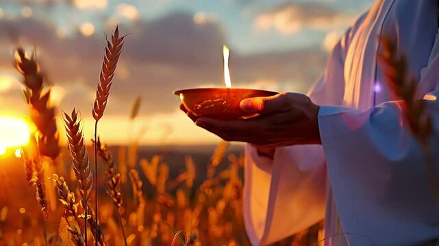 Catholic priest holding candle in wheat field during golden hour. Sacred rite ecclesiastical figure.
