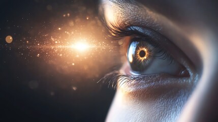 Close-up of human eye with digital technology elements, representing innovation, vision, and futuristic technology.