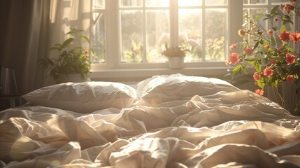 Cozy morning vibes  messy bed bathed in sunlight with crumpled bedding and floral accents