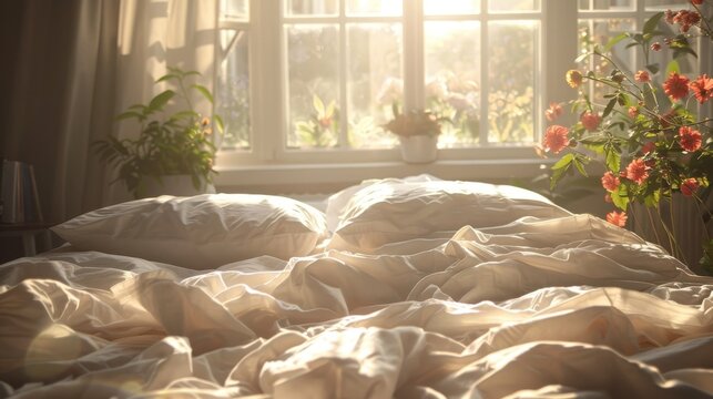 Cozy morning vibes  messy bed bathed in sunlight with crumpled bedding and floral accents