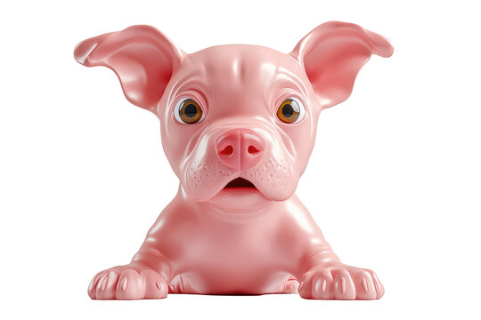 The image displays a pink abstract sculpture resembling a sitting animal with exaggeratedly large ears, placed on a white backdrop, highlighting artistic creativity.