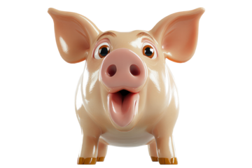 This image features a joyful pig with a round snout and big ears, standing firmly on its legs with an open mouth, conveying a sense of happiness and playfulness.
