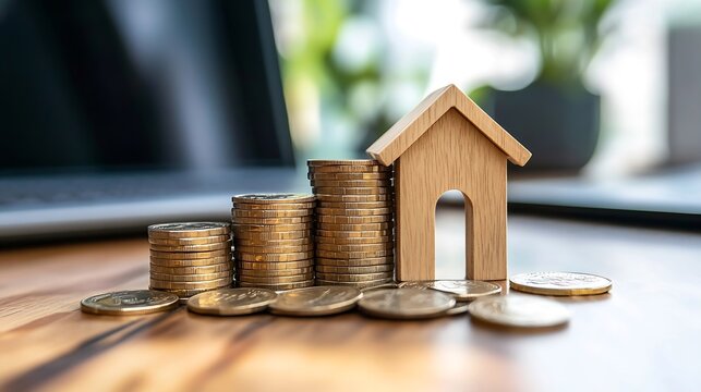a small wooden house model placed next to several stacks of coins on a wooden surface. The coins are arranged in ascending order, creating a visual representation of increasing value or savings.