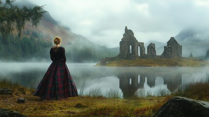 A woman in a Scottish tartan dress, standing by a misty loch with ancient stone ruins in the background