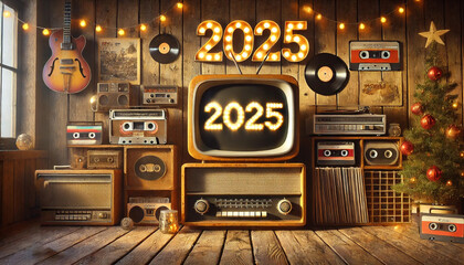 television displaying 2025 with Vintage decor featuring a retro 