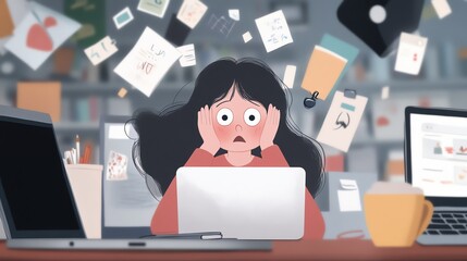 Overwhelmed woman at a cluttered desk with floating papers, illustrating work stress and information overload in a digital workplace.