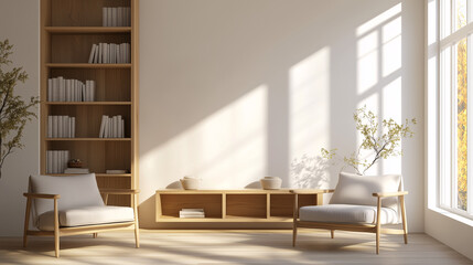 Fototapeta premium A bright, minimalist living room with wooden accent chairs and a simple wooden bookshelf. The room is bathed in natural light, highlighting the warm tones of the wood