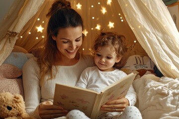 A mother, enveloped in the soft glow of string lights, reads a bedtime story to her young child inside a cozy, star-decorated tent, highlighting the magic of bedtime routines.