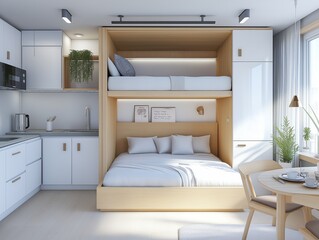 Cozy Scandinavian small studio apartment featuring light wood furniture and smart design elements