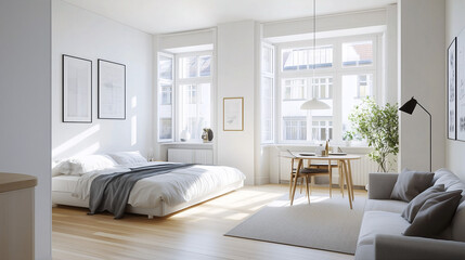 A bright, minimalist studio apartment with sleek furniture, light wooden floors, and white walls. The bed, sofa, and small dining table are arranged efficiently to maximize open space