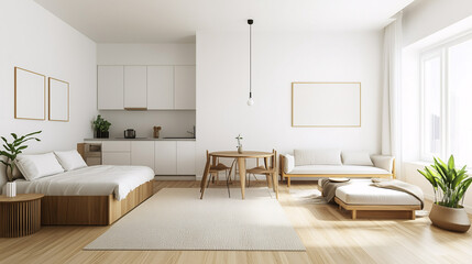Fototapeta premium A bright, minimalist studio apartment with sleek furniture, light wooden floors, and white walls. The bed, sofa, and small dining table are arranged efficiently to maximize open space