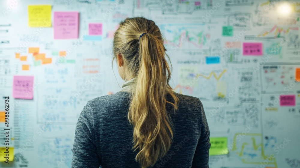 Leinwandbilder a young professional brainstorming in front of a whiteboard filled with colorful diagrams and mind m