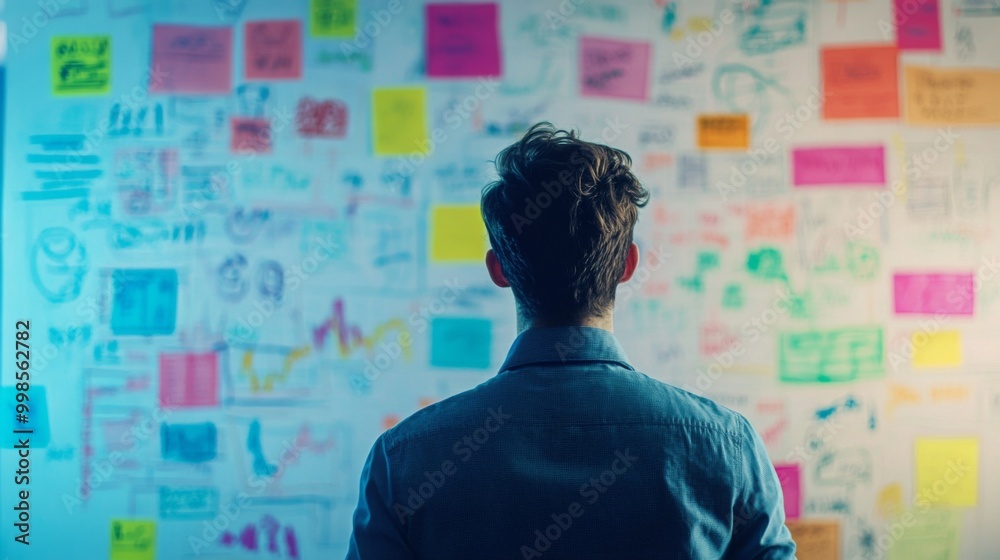 Leinwandbilder a young professional brainstorming in front of a whiteboard filled with colorful diagrams and mind m