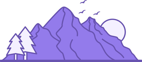 Mountain Colored Icon. Vector Icon. Mountains, Trees, Birds and Sun. Adventure and Tourism Concept