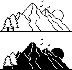 Mountain Icons. Black and White Vector Icons. Mountains, Trees, Birds and Sun. Adventure and Tourism Concept