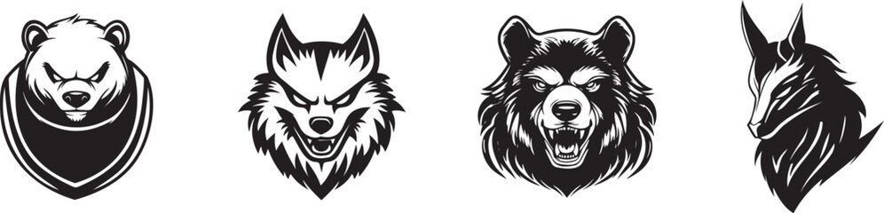 Black and White Animal Mascot Logos - Bear, Wolf, Fox