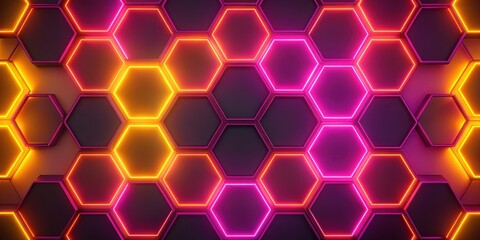 Hexagonal pattern with vivid neon pink and yellow lights on a dark background, neon, pink, yellow, lights, bright