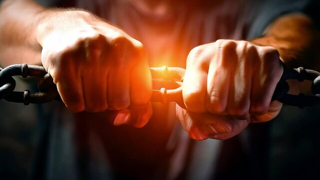 Close up hands in fists breaking a chain freedom, Gaining freedom concept	