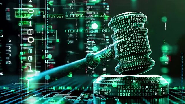 A digital judge's gavel covered in binary code, A digital judge's gavel, Artificial Intelligenc, Legal Systems	