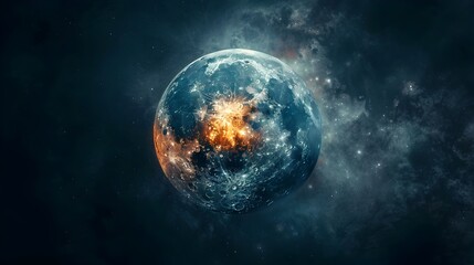 Naklejka premium Mysterious Glowing Core of a Moon with Transparent Surface Layers Cosmic Space Concept