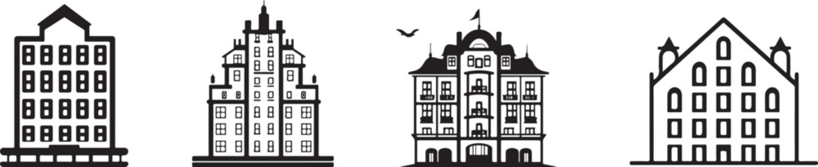 Fototapeta premium Black and White Hotel Building Silhouettes - Minimalist Architecture Icons