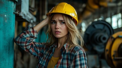 A woman wearing a yellow hard hat and a plaid shirt