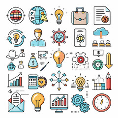 A set of 30 colorful line icons depicting various business and finance related concepts, including ideas, strategy, planning, teamwork, and more. Perfect for web design, presentations.