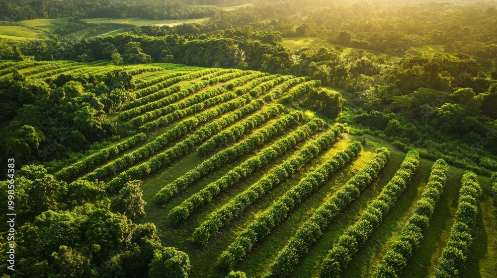 Poster an aerial view of a large reforestation project, highlighting rows of newly planted trees in a vibra